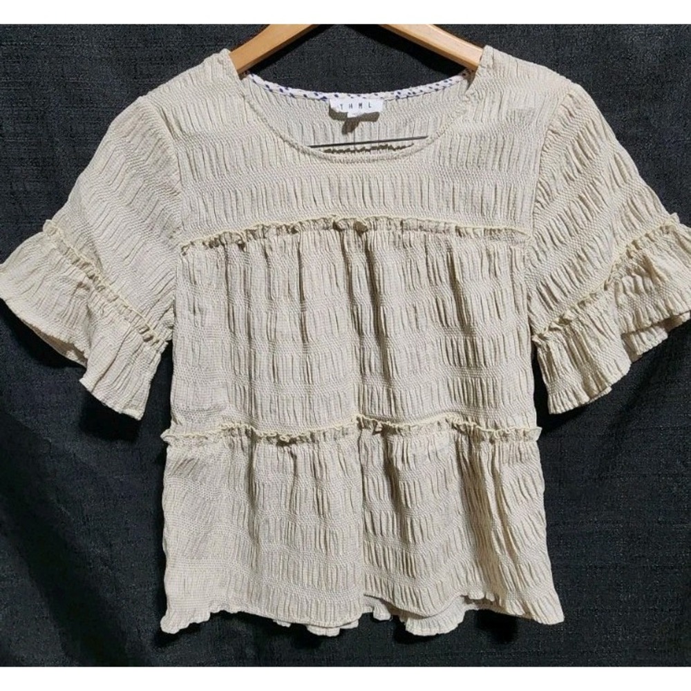 THML Anthropologie Tiered Ruffle Sleeve Peasant Top Neutral Sz Xs Checkered‎ NEW